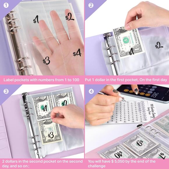 100 Day Money Savings Challenge Binder Book Cash Envelopes Save $5,050 - Pink - Picture 2 of 7